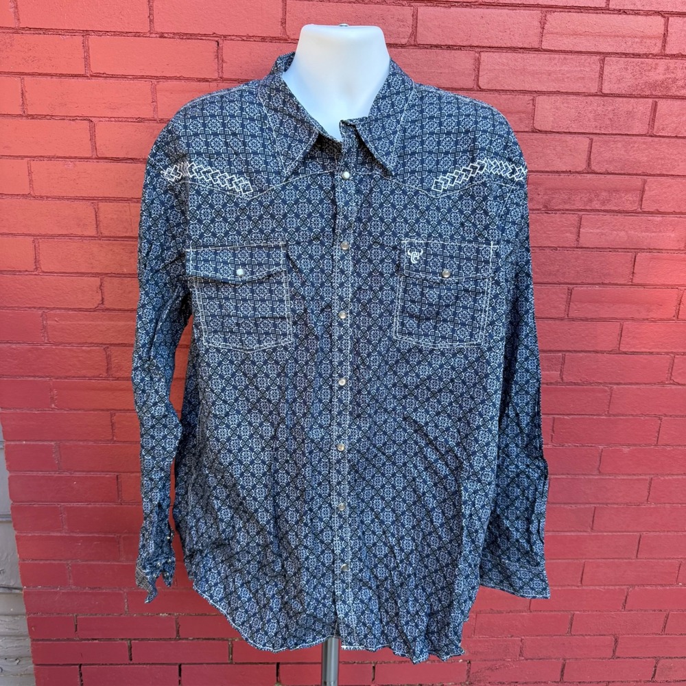 Cowboy Hardware‎ Western Snap Shirt Mens XXL Blue Geometric Print Long Sleeve